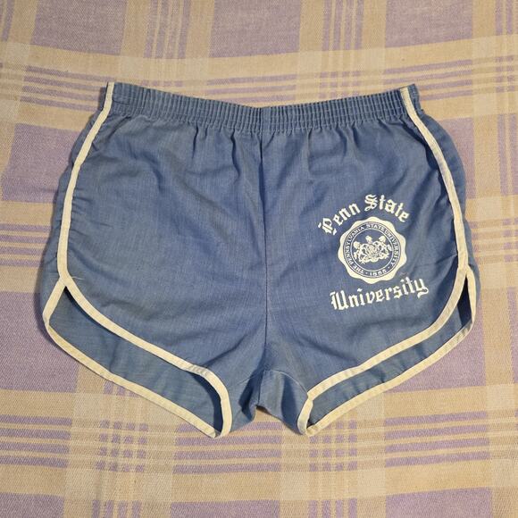 VELVA SHEEN Vintage 70s 80s Penn State University Gym Shorts Blue Pennsylvania - Picture 1 of 9